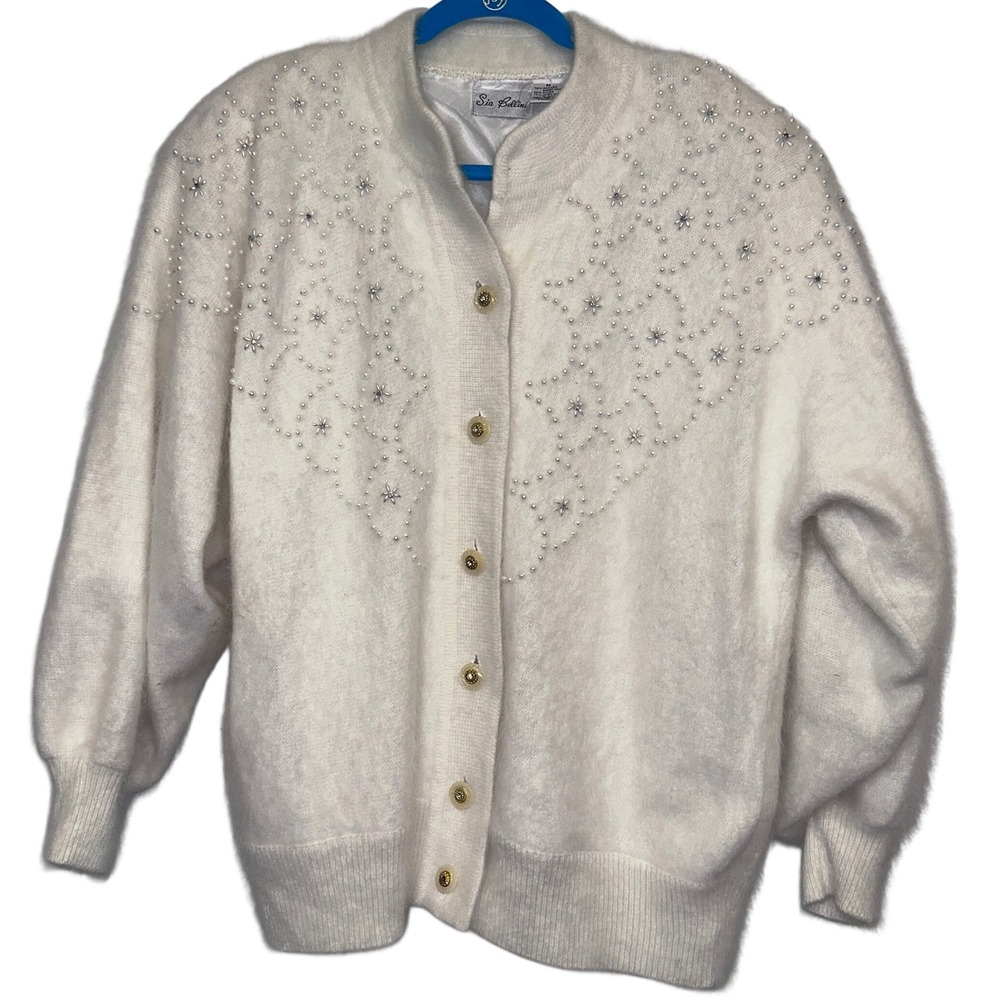 Rare Sia Bellini Cream Pearl Beaded Angora Blend Cardigan Sweater Women's Medium